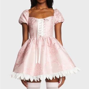 Embroidered trim front lace up dress